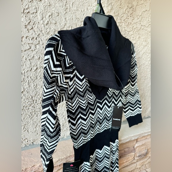 Bebe Cowl Neck  with Lurex Black and White Zig Zag Long Sleeve Dress - Picture 7 of 11